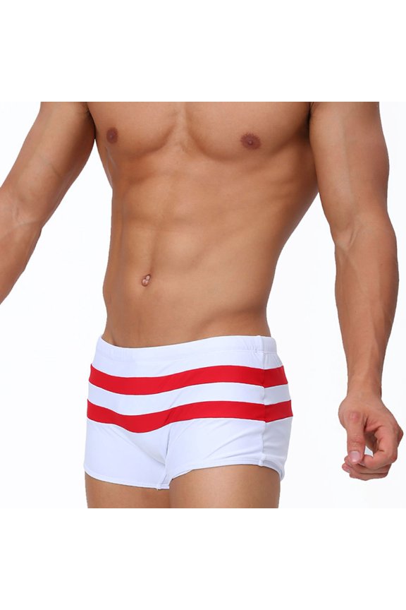 Men's Striped Splicing Boxer Swim Trunks with Back Zipper Pocket Summer Thick, White, XL