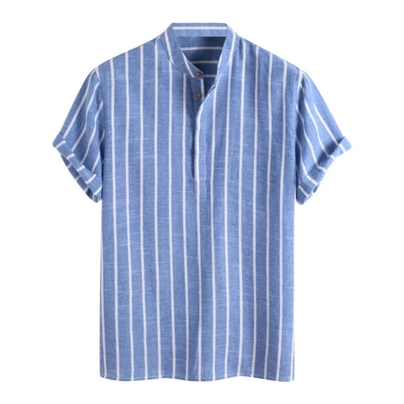 Men's Striped Stand Collar Short Sleeve Shirt - 85% Cotton Blend Casual Top - Daily/Sport/Shopping Wear