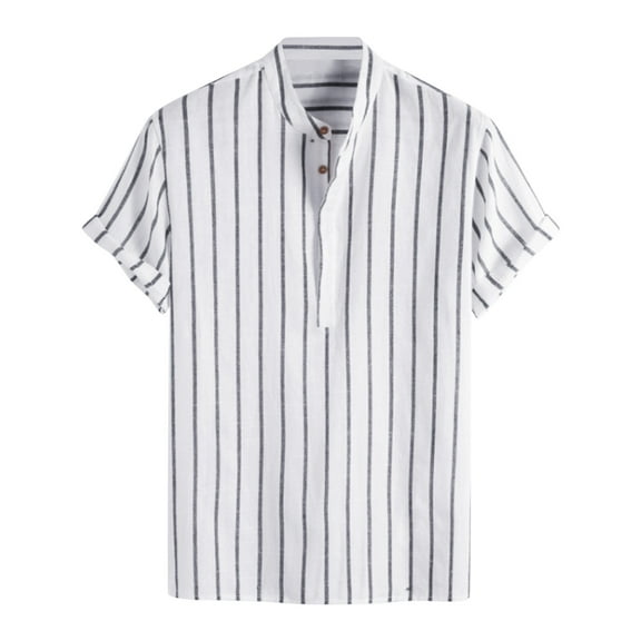 Men's Striped Stand Collar Short Sleeve Shirt - 85% Cotton Blend Casual Top - Daily/Sport/Shopping Wear
