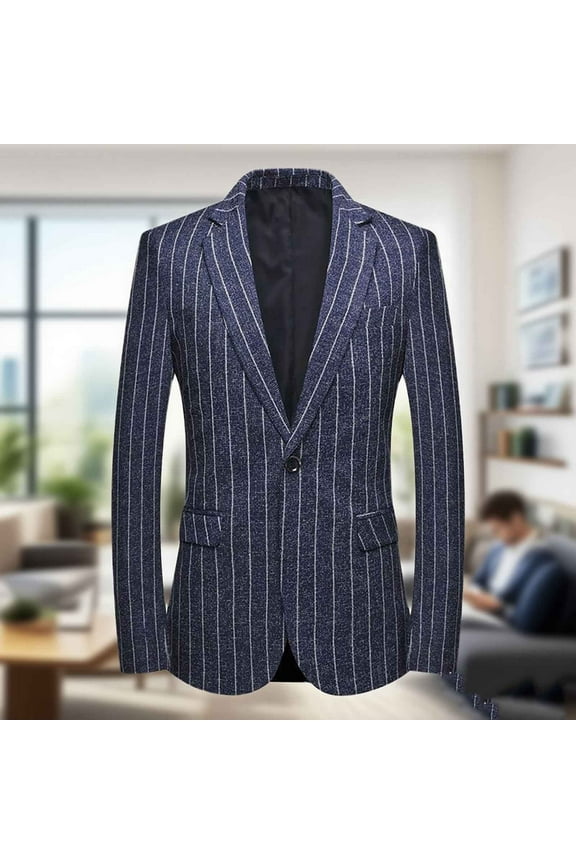Men's Striped Suit Jacket – Slim Fitting Pinstripe Casual Blazer – Business Casual Dress Jacket Navy M
