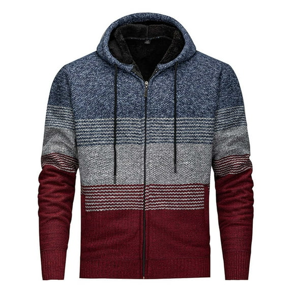 Men's Striped Sweater Fleece Color Block Knit Hoodies Casual Long Sleeve Full Zip Hooded Sweatshirts European Outerwear (XL, Blue)