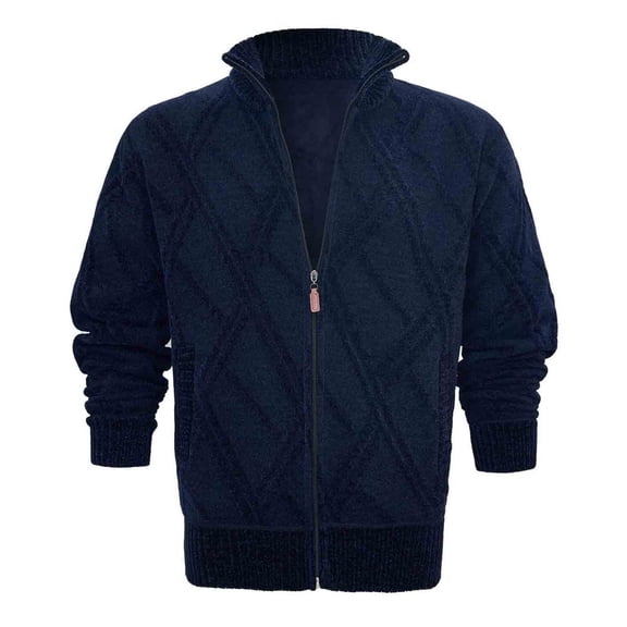 Men's Striped Sweater Fleece Lapel Cozy Knit Quilted Sweatshirts Casual Long Sleeve Full Zip Coat European Outerwear (M, Navy)