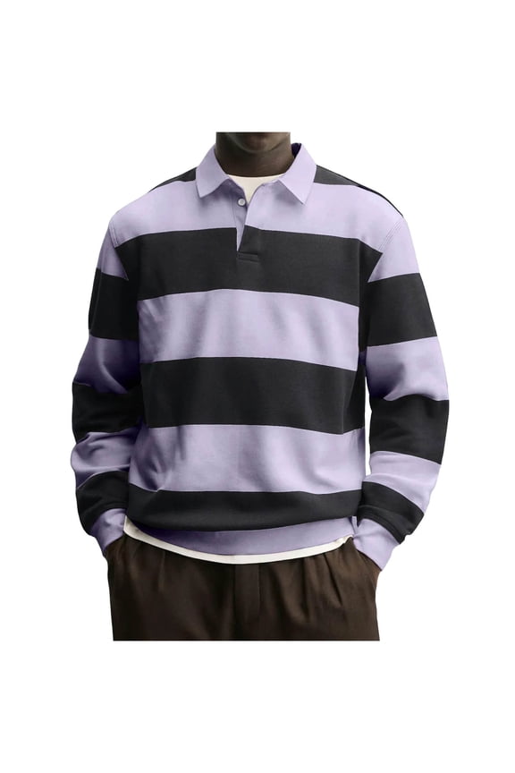 Men's Striped Sweatshirt Oversized Fit Long Sleeve Collared Preppy Pullover Tops Spring Fall Casual Outfits (XL, Purple)