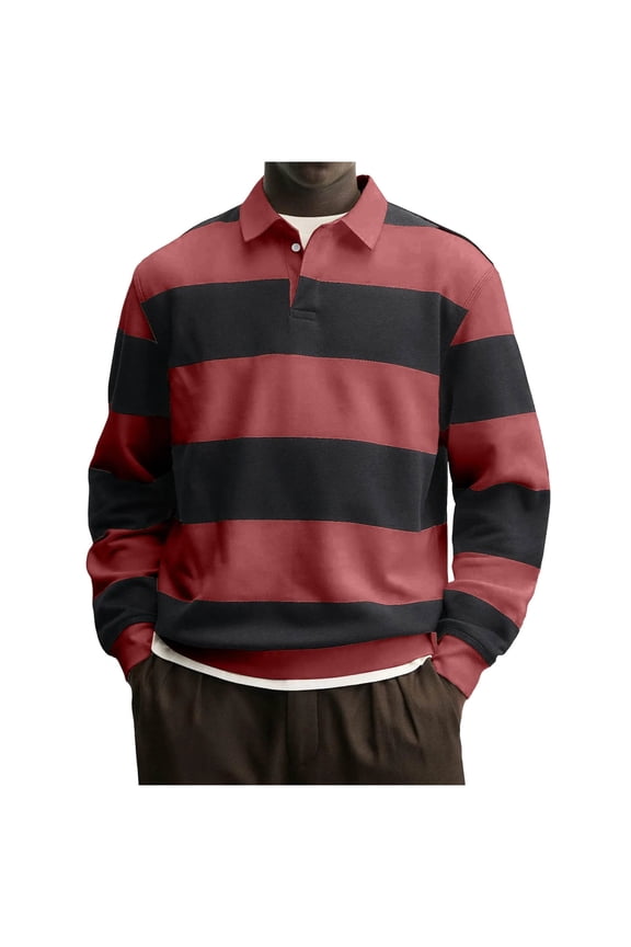 Men's Striped Sweatshirt Oversized Fit Long Sleeve Collared Preppy Pullover Tops Spring Fall Casual Outfits (XL, Red)
