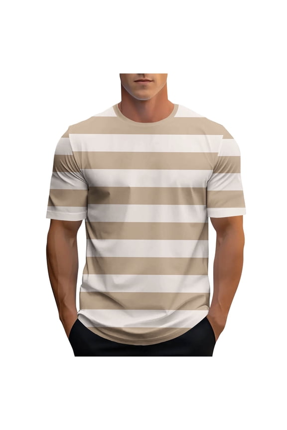 Men's Striped T Shirt Crew Neck Short Sleeve Summer Casual Athletic Muscle Shirt Gym Running Workout Blouse Top
