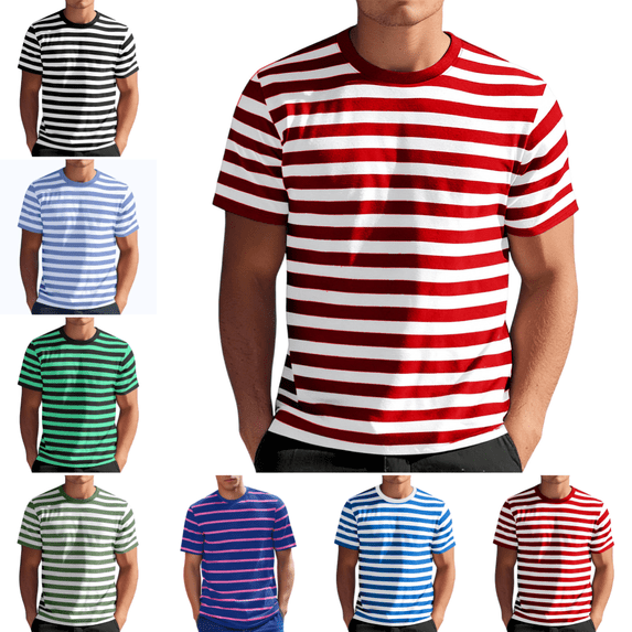 Men's Striped T Shirt Fashion Casual Short Sleeve Crew Neck T Shirts Summer Quick Dry Lightweight Classic Fit Lounge T-Shirts Red S