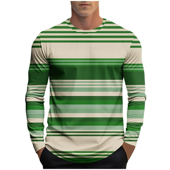 Men's Striped T-Shirt Long Sleeve Round Neck Color Block Graphic Athletic Trendy Casual Top for Daily Wear (L, Green)