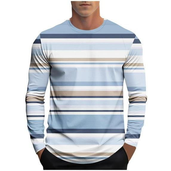 Men's Striped T-Shirt Long Sleeve Round Neck Color Block Graphic Athletic Trendy Casual Top for Daily Wear (XL, Light Blue)