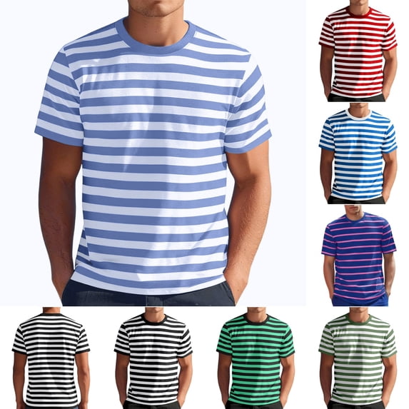 Men's Striped T-Shirt Short Sleeve Sport T-Shirts Casual Crewneck Basic Shirt Regular Fit Stretch Summer Beach Tees Blue S