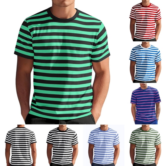 Men's Striped T-Shirt Short Sleeve Sport T-Shirts Casual Crewneck Basic Shirt Regular Fit Stretch Summer Beach Tees Green XXL