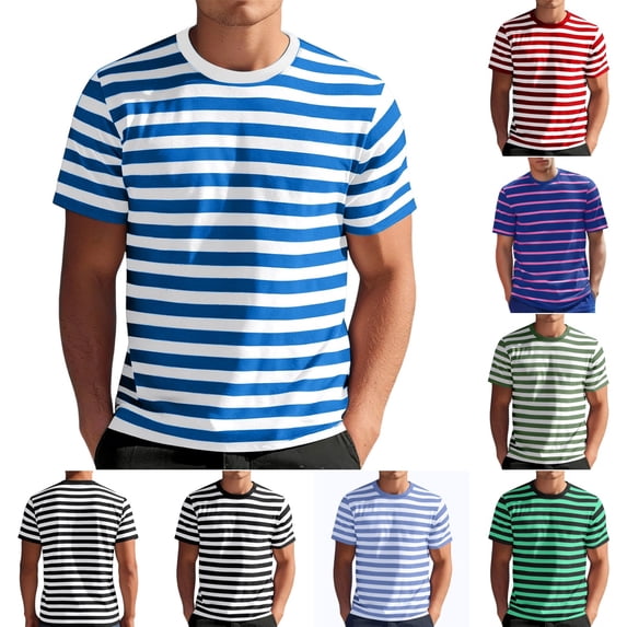 Men's Striped T-Shirt Short Sleeve Sport T-Shirts Casual Crewneck Basic Shirt Regular Fit Stretch Summer Beach Tees Royal Blue S