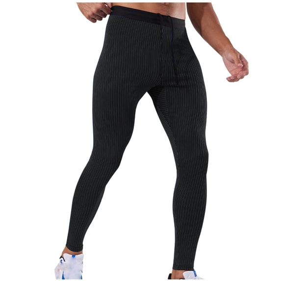 Men's Striped Tights Compression Pants Elastic Workout Running Gym Yoga Legging Pant Black