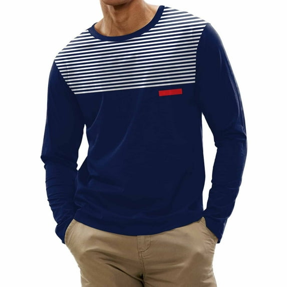 Men's Striped Tops with Long Sleeves Crewneck Casual Shirts Comfort Basic Tops Printed Patchwork Tees Pullover Cotton T-Shirts Navy,M