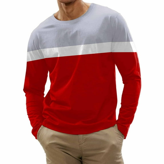 Men's Striped Tops with Long Sleeves Crewneck Casual Shirts Comfort Basic Tops Printed Patchwork Tees Pullover Cotton T-Shirts Red,XL