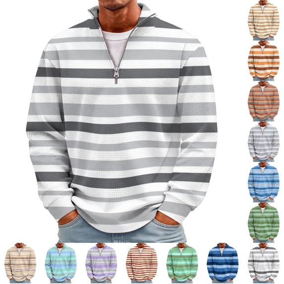Men's Striped Waffle Quarter Zip Pullover, Stand Collar Ribbed Cuffs Long Sleeve Top Casual Color Stripe Fall Daily Clothes Light Green 2XL