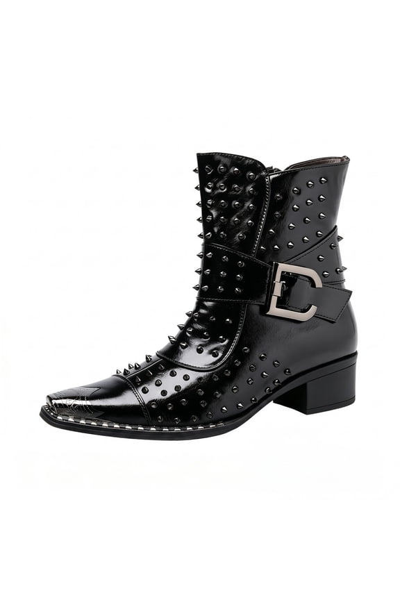 Men's Studded Western Ankle Boots, Pointed Toe Block Heel Rock Style Boots with Adjustable Buckle, Side Zipper Fashion Short Boots Punk Rock Biker Style, Black/Brown/Red