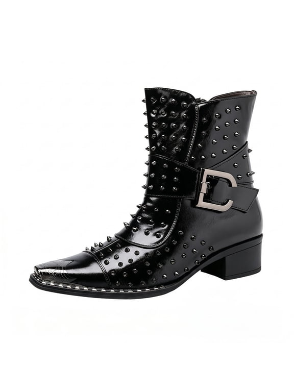 Men's Studded Western Ankle Boots, Pointed Toe Block Heel Rock Style Boots with Adjustable Buckle, Side Zipper Fashion Short Boots Punk Rock Biker Style, Black/Brown/Red