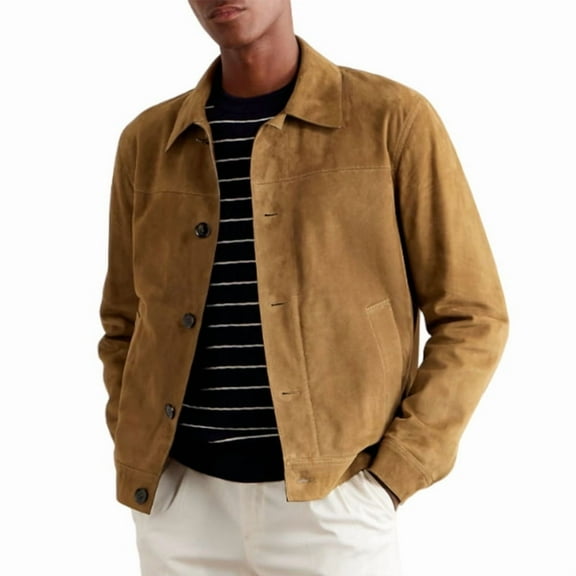 Men's Stylish Beige 100% Genuine Suede Leather Lightweight Soft Satin lining Jackets for Men - XS Size