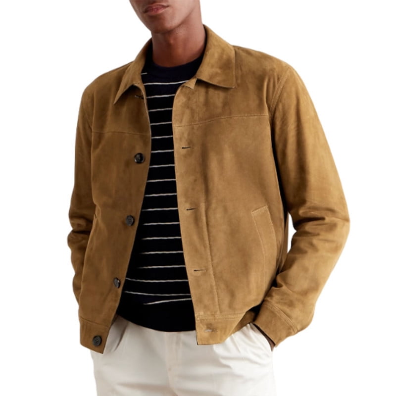 Men's Stylish Beige 100% Genuine Suede Leather Lightweight Soft Satin lining Jackets for Men - XXL Size