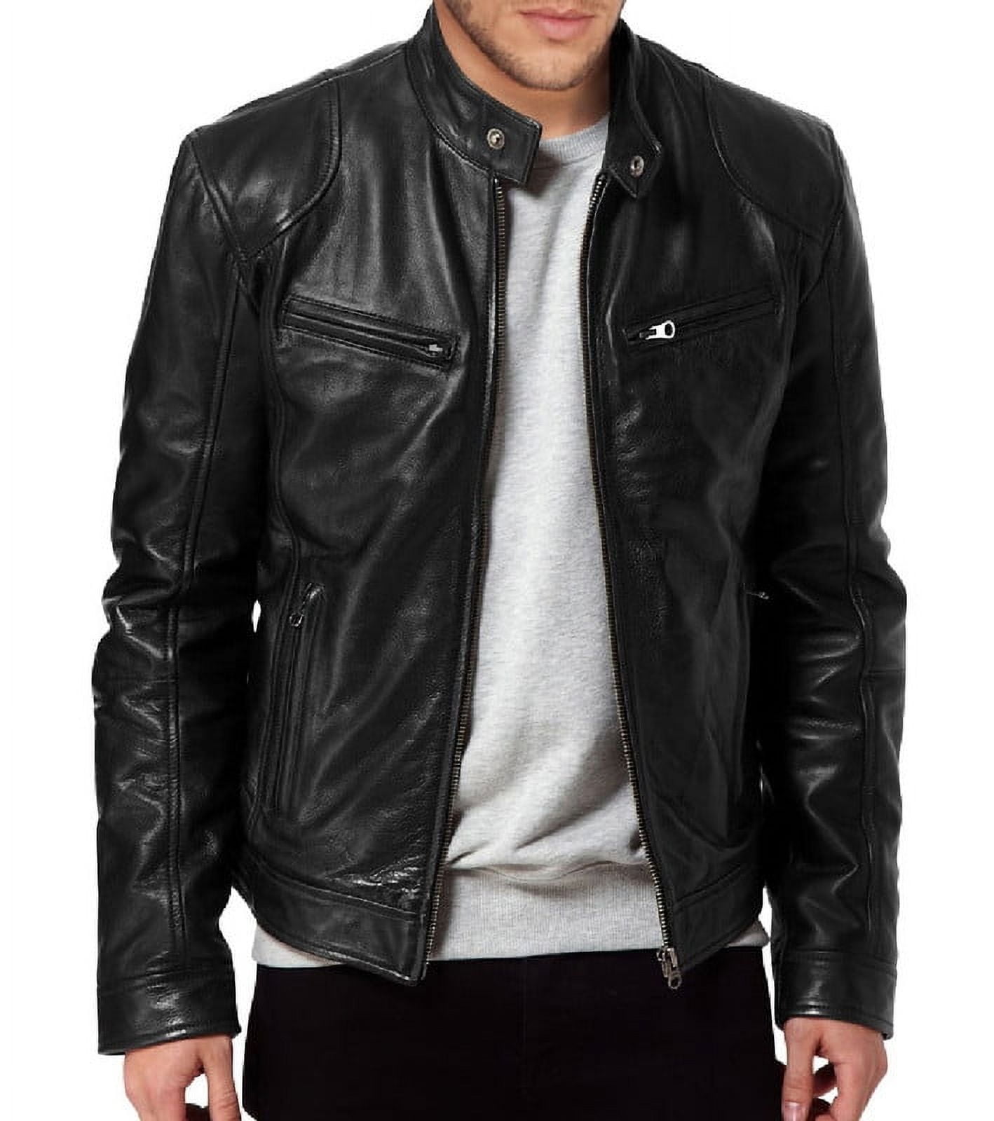 Men's Stylish Black 100% Genuine Lambskin Leather Lightweight Soft Satin lining Jackets for Men - L Size