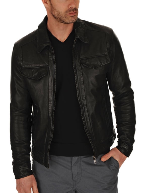 Men's Stylish Black 100% Genuine Lambskin Leather Lightweight Soft Satin lining Jackets for Men - L Size