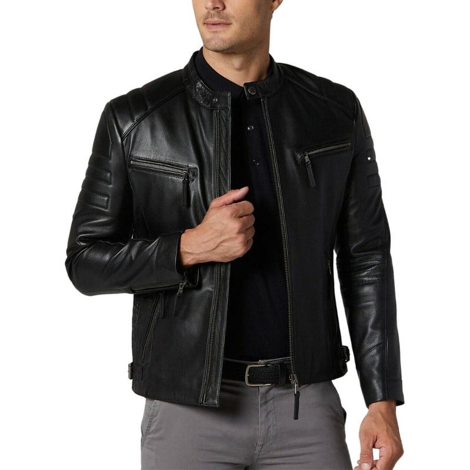 Men's Stylish Black 100% Genuine Lambskin Leather Lightweight Soft Satin lining Jackets for Men - L Size