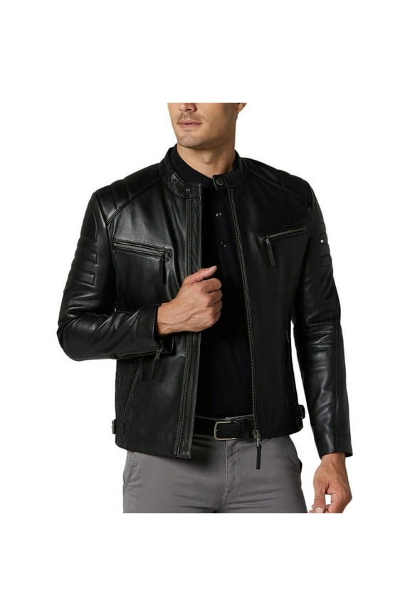 Men's Stylish Black 100% Genuine Lambskin Leather Lightweight Soft Satin lining Jackets for Men - L Size