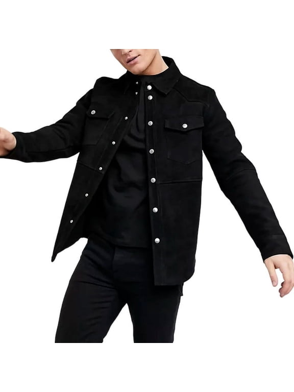 Men's Stylish Black 100% Genuine Suede Leather Lightweight Soft Satin lining Jackets for Men - L Size