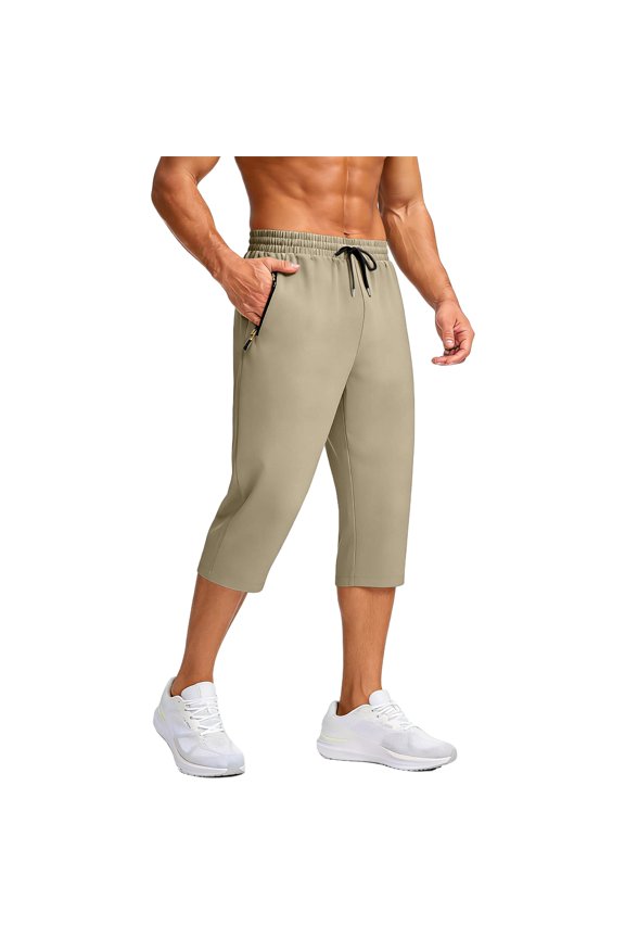 Men's Stylish Breathable Quick-Dry Capri Pants, Lightweight Hiking Cropped Trousers with Zipper Pockets for Outdoor Summer,Khaki,M