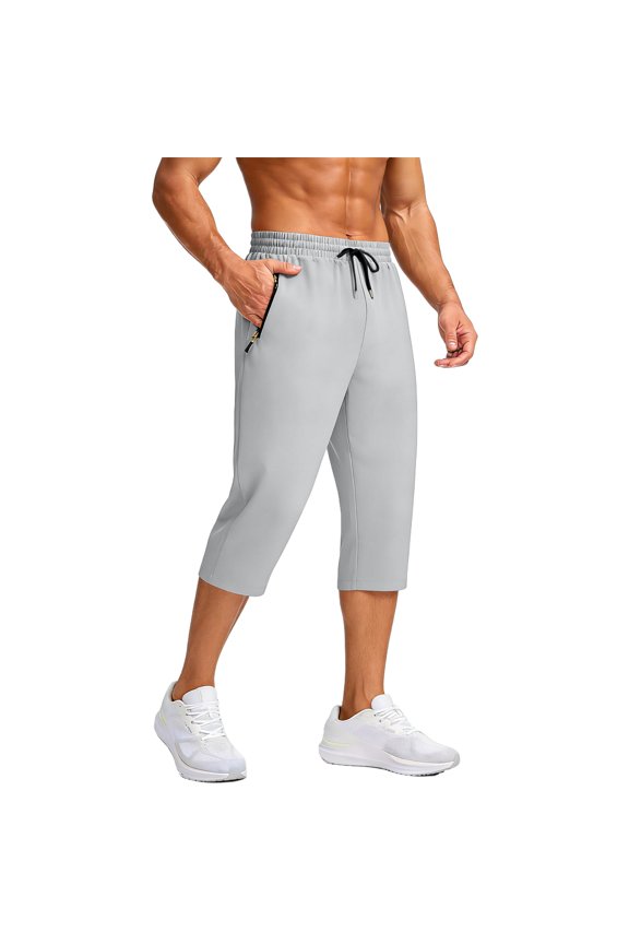 Men's Stylish Breathable Quick-Dry Capri Pants, Lightweight Hiking Cropped Trousers with Zipper Pockets for Outdoor Summer,Light Gray,M