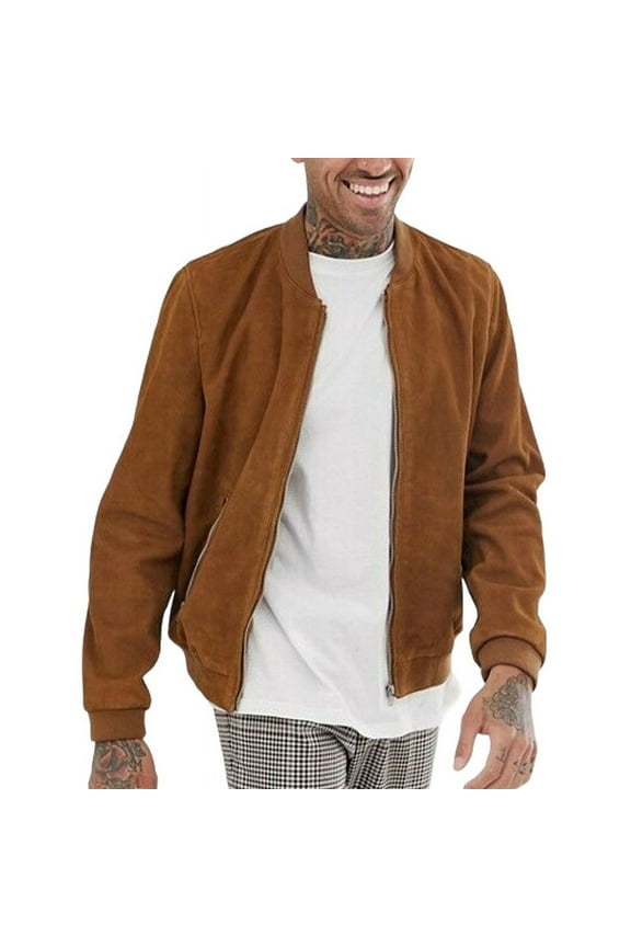 Men's Stylish Brown 100% Genuine Suede Leather Lightweight Soft Satin lining Jackets for Men - L Size