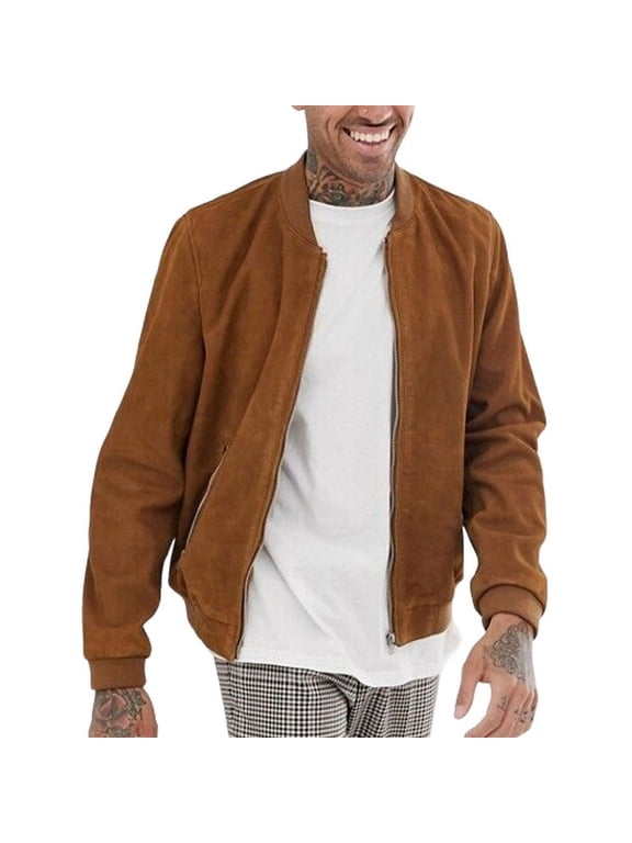 Men's Stylish Brown 100% Genuine Suede Leather Lightweight Soft Satin lining Jackets for Men - XXL Size