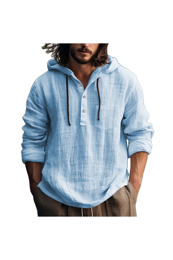 Men's Stylish Casual Long Sleeve Hooded Shirt with Pocket for All Occasions - Versatile Linen Top for Modern Gentlemen