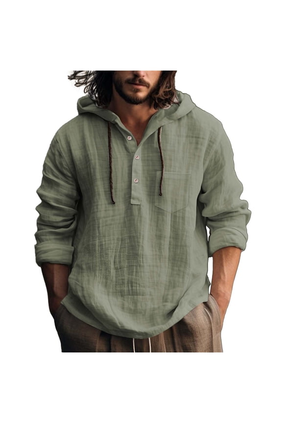 Men's Stylish Casual Long Sleeve Hooded Shirt with Pocket for All Occasions - Versatile Linen Top for Modern Gentlemen
