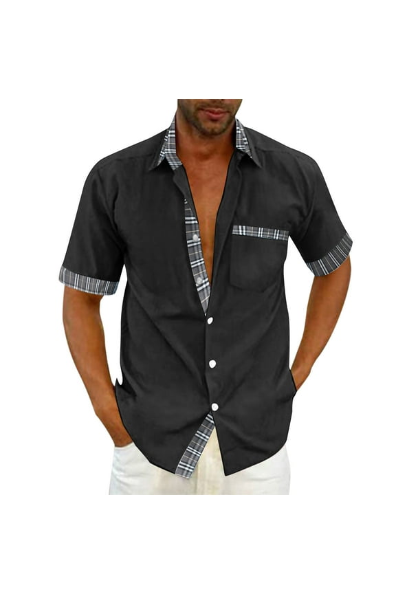 Men's Stylish Casual Plaid Short Sleeve Shirt Jacket with Button-Down Pocket Detail