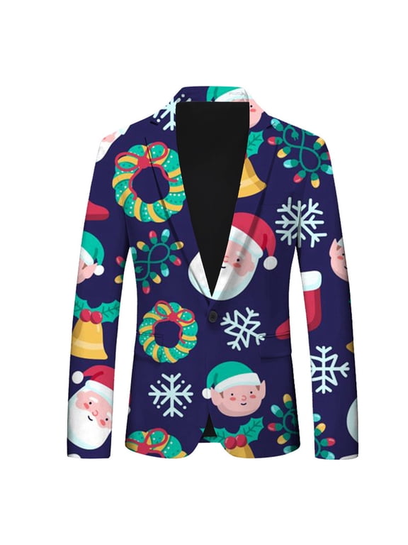 Men's Stylish Christmas Snowflake Santa Print Suit Jacket for Festive Occasions - Holiday Attire for Parties and Celebrations