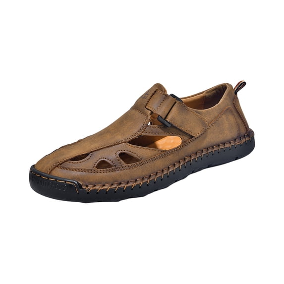 Men's Stylish Leather Hollow Flat Sandals Closed Toe Hook Loop Non-Slip Hiking Fisherman Shoes Summer Beach Lightweight Breathable Anti-Slip Slippers,Light Brown 39(US-7)