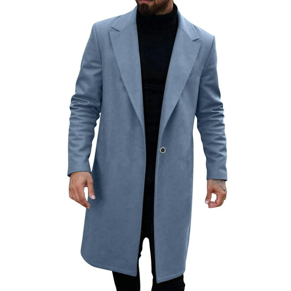 LpwkSSA Men's Wool Blend Trench Coat Solid Color Lapel Long Sleeve Single Button Pea Coat Casual Mid Length Blazer Overcoat with Pockets Blue M