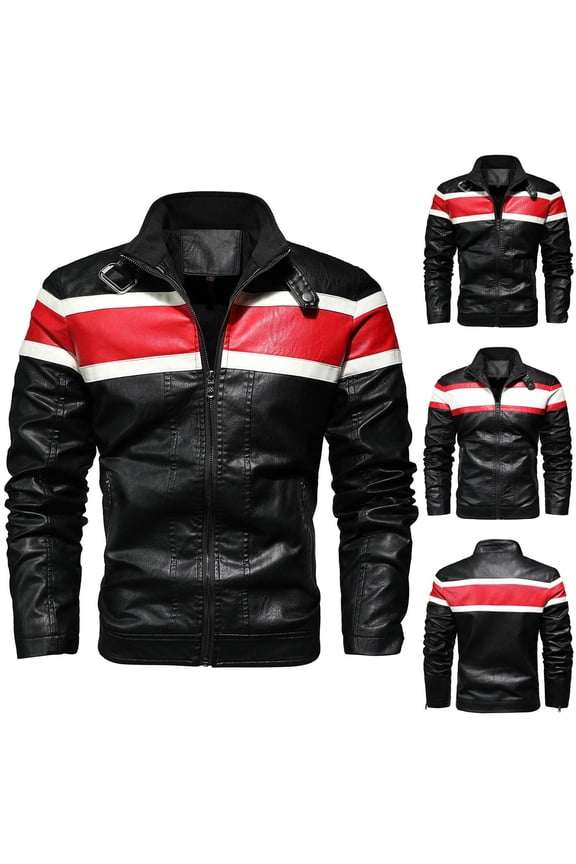 Men's Stylish Racing Suit Color Block Motorcycle Leather Jacket Outwear, Multi Zipper Pocket Design Street Retro Classic Stand-up Collar PU Jacket Big and Tall Size S-4XL White