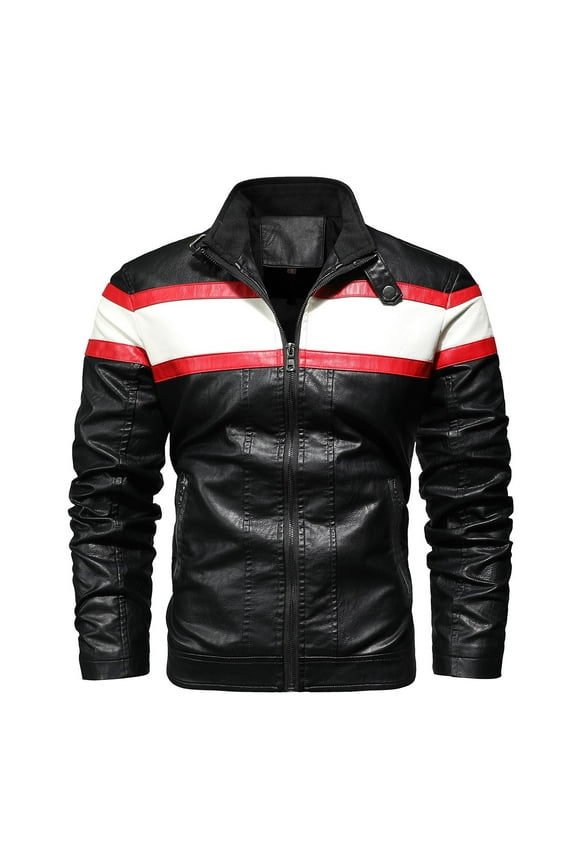 Men's Stylish Racing Suit Color Block Motorcycle Leather Jacket Outwear, Multi Zipper Pocket Design Street Retro Classic Stand-up Collar PU Jacket Big and Tall Size S-4XL White
