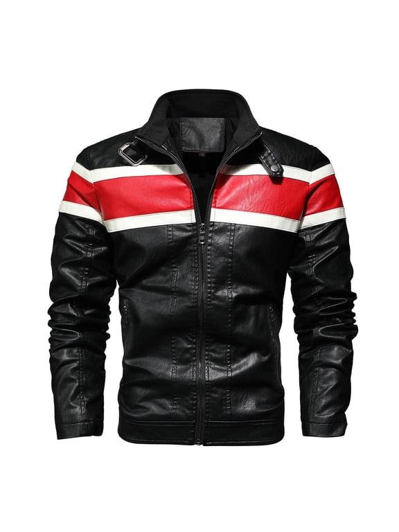 Men's Stylish Racing Suit Color Block Motorcycle Leather Jacket Outwear, Multi Zipper Pocket Design Street Retro Classic Stand-up Collar PU Jacket Big and Tall Size S-4XL Black