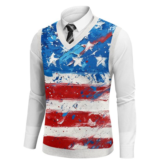Men's Stylish V-Neck Sleeveless Sweater Vest With Abstract Red And Blue Brushstroke Design Tank Top
