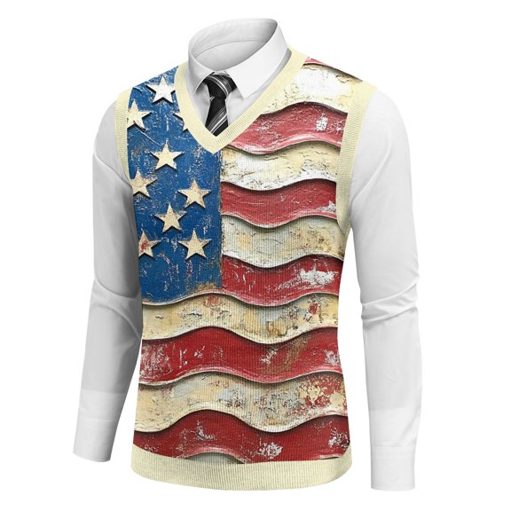 Men's Stylish V-Neck Sleeveless Sweater Vest With Abstract Red And Blue Brushstroke Design Tank Top