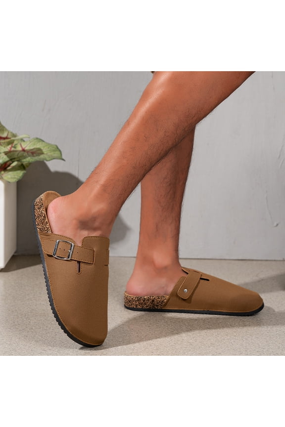 Men's Suede Closed-Toe Mule Slides, Adjustable Buckle Casual Slip-On Sandals