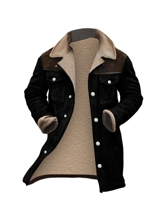 Men's Suede Color-Matching Winter Jacket, Multi-Pocket Zipper Coat for Urban Exploration and Cold Weather Protection,Black,L