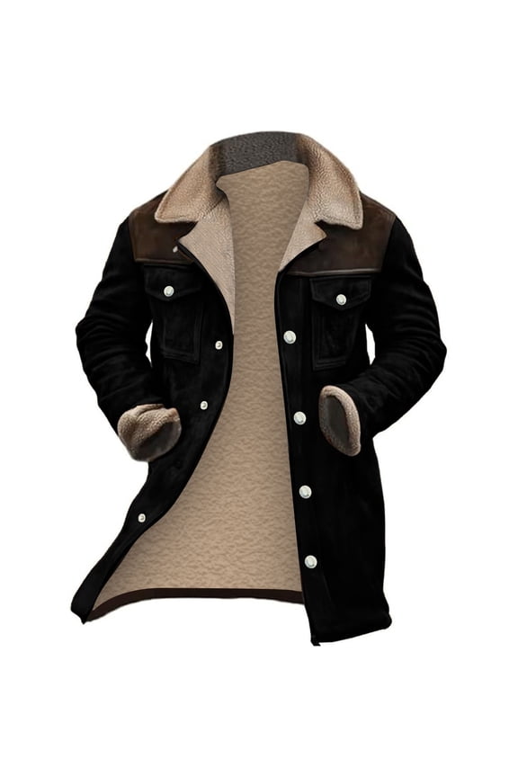 Men's Suede Color-Matching Winter Jacket, Multi-Pocket Zipper Coat for Urban Exploration and Cold Weather Protection,Black,L