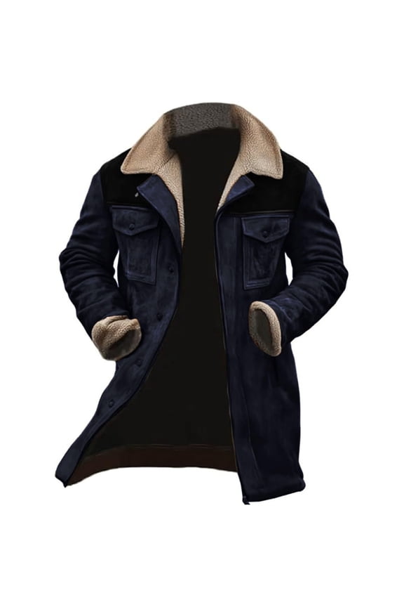 Men's Suede Color-Matching Winter Jacket, Multi-Pocket Zipper Coat for Urban Exploration and Cold Weather Protection,Navy,2XL