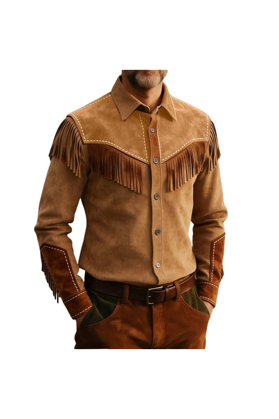 Men's Suede Cowboy Fringe Button Up Shirt Long Sleeve Solid Color Western Wear Retro Snap Collar Shirt Jacket Brown