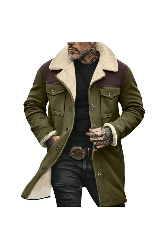 Men's Suede Jacket Patchwork Vintage Suede Multi Pocket Plush Reversed Collar Jacket with Pockets Western Outdoor Retro Coat Top