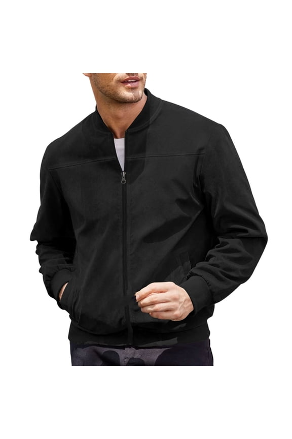 Men's Suede Leather Baseball Jacket Spring Fashion Outerwear Casual Clothing Premium Clothes Long Sleeve Tops Pullover Tees Zippered Front Stylish Layer